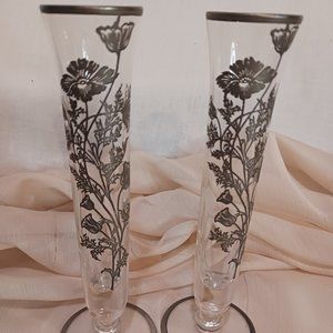 Pair Silver overlay Poppy flowers vases